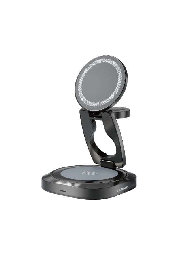 GREEN LION Qi2.2 Mag Flex 3-in-1 Wireless Charger with 25W Fast Charging, Zinc Alloy Body, Magnetic Foldable Stand, Phone, Watch, Earbuds – Grey